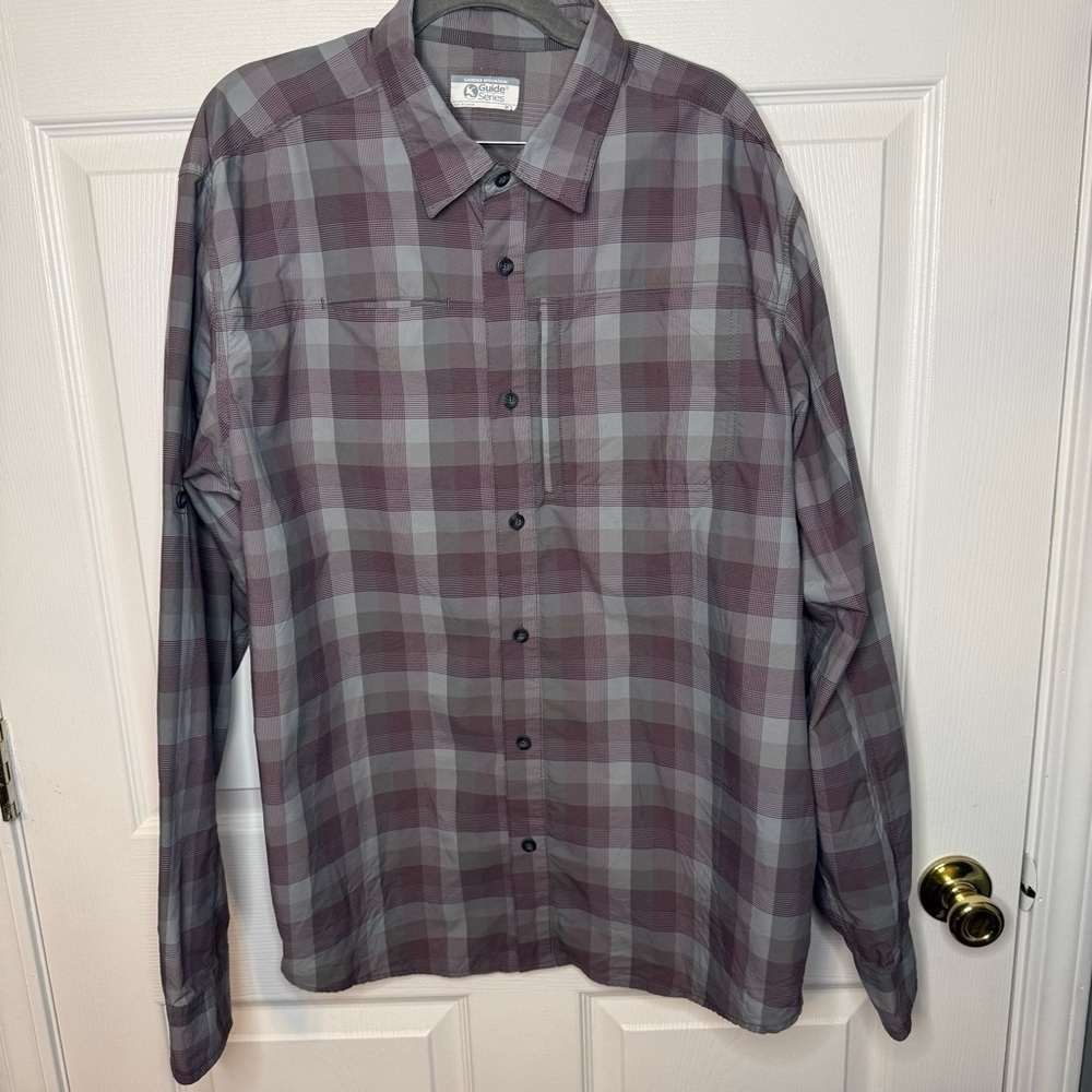 Gander Mountain Men's Plaid Nylon Shirt Gray and Purple Button Down Size XL GUC